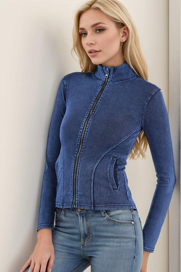 Pocketed Turtleneck Zip Up Denim Top