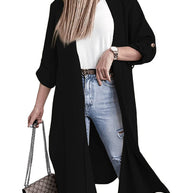 Slit Open Front Roll-Tab Sleeve Trench Coat