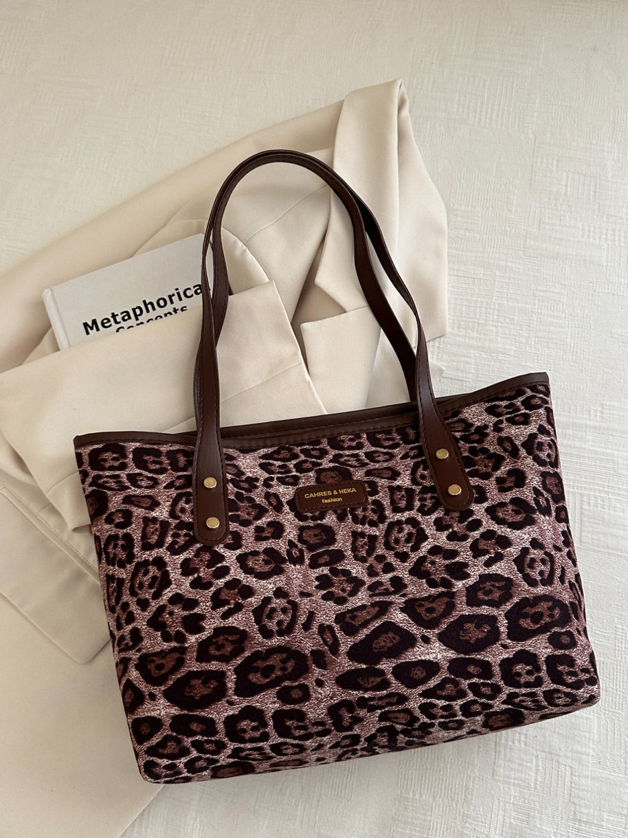 Leopard Polyester Tote Bag with brown handles, large size for versatile use.