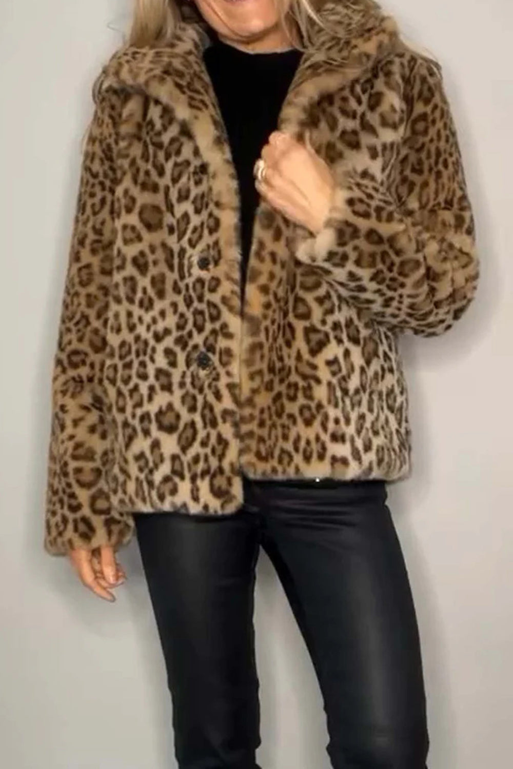 Full Size Leopard Furry Collared Neck Long Sleeve Coat made of 100% polyester with leopard print design.