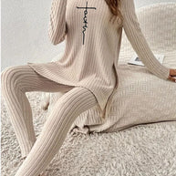 Side Slit Round Neck Long Sleeve Top and Pants Set