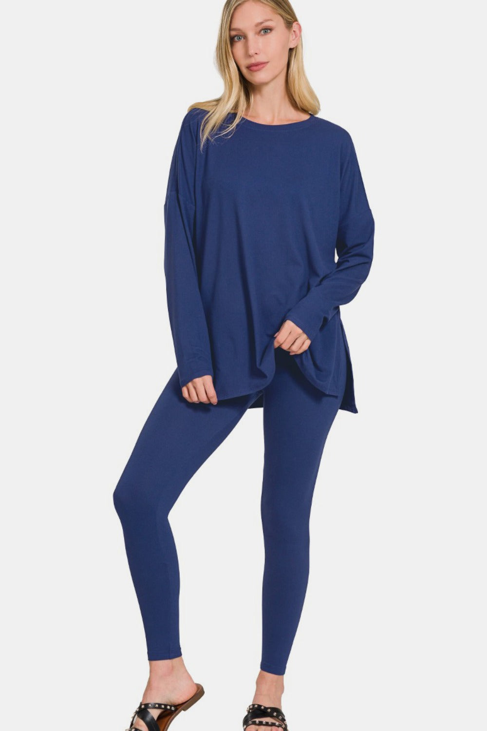 Zenana full-size brushed microfiber lounge set with top and leggings in navy, featuring a relaxed fit and stretchy fabric.