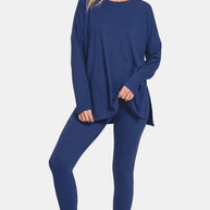 Zenana full size brushed microfiber top and leggings lounge set in blue, featuring a relaxed fit top and stretchy leggings for comfort and style.