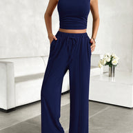 Devine Mock Neck Sleeveless Top and Drawstring Pants Set