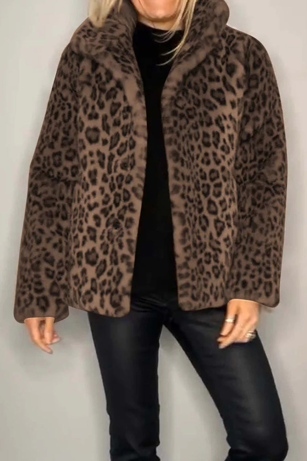 Full size leopard print furry collared neck long sleeve coat made of 100% polyester.