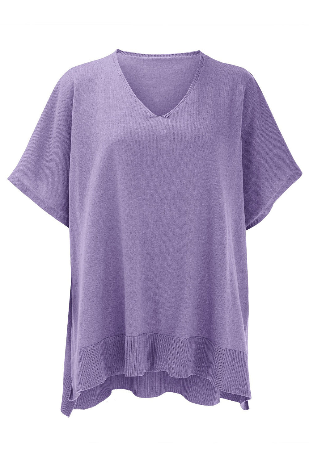 Slit V-Neck Half Sleeve Knit Top in purple.