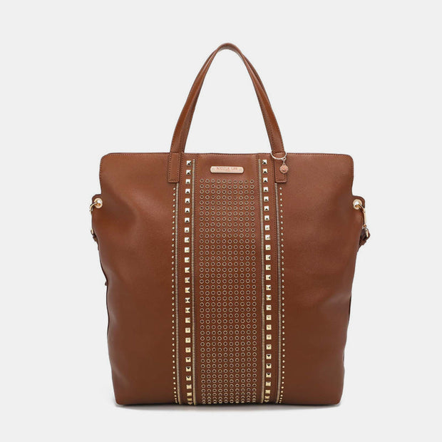 Nicole Lee USA Studded Large Tote Bag in vegan leather with studded detailing and dual top handles.