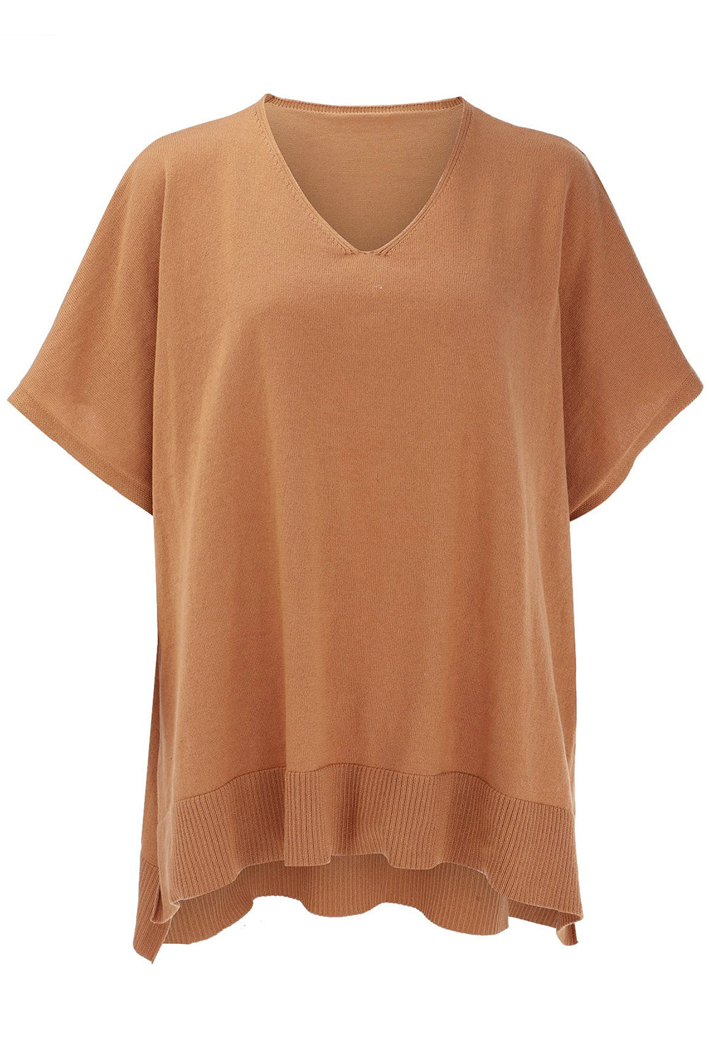 Slit V-Neck Half Sleeve Knit Top in brown with ribbed hem detail.