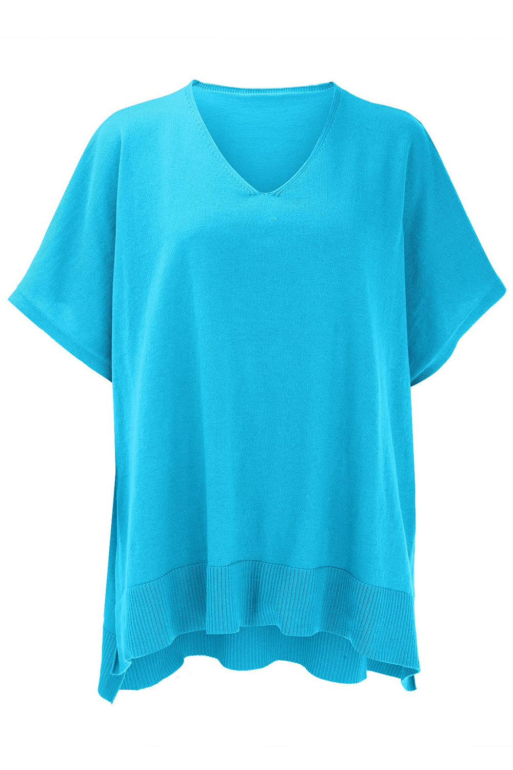 Slit V-Neck Half Sleeve Knit Top in blue with slightly stretchy fabric.