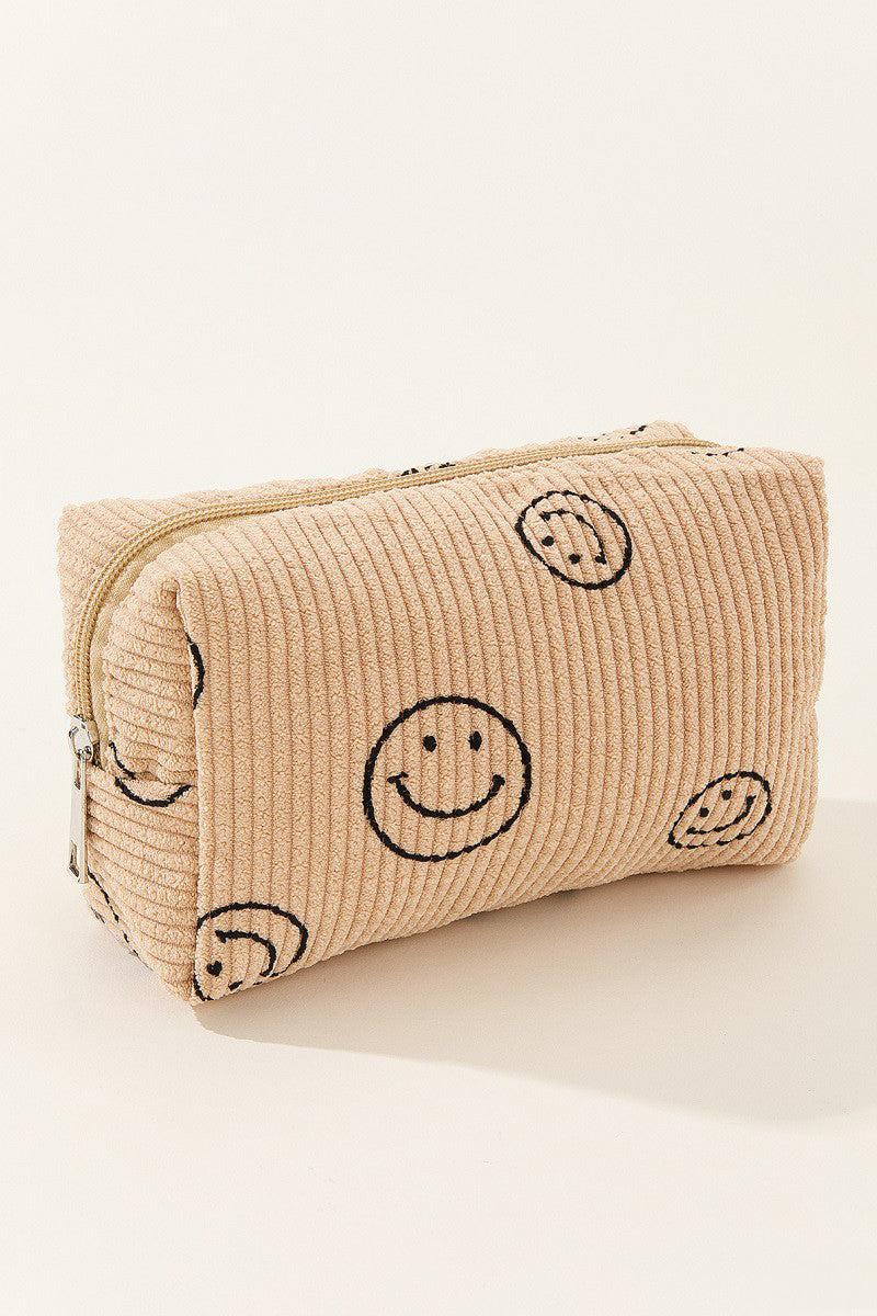 Zenana Smiley Face Corduroy Cosmetic Pouch with embroidered design.