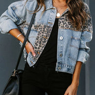 Distressed Leopard Drop Shoulder Denim Jacket