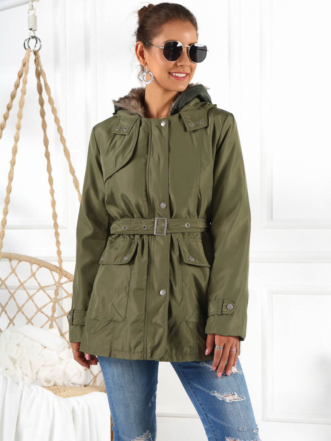 Ivy Lane Full Size Hooded Jacket with Detachable Liner, olive green, styled on a model.