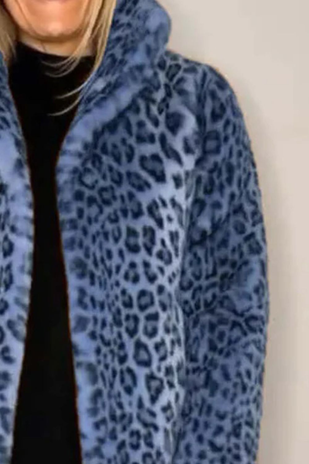 Full Size Leopard Furry Collared Neck Long Sleeve Coat in blue leopard print.