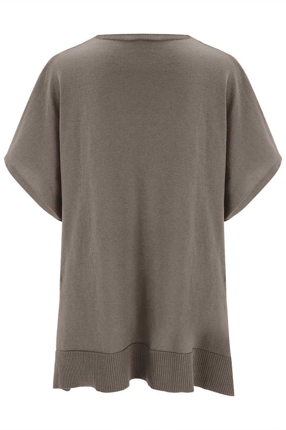 Slit V-neck half sleeve knit top in beige, back view, basic style, slightly stretchy.