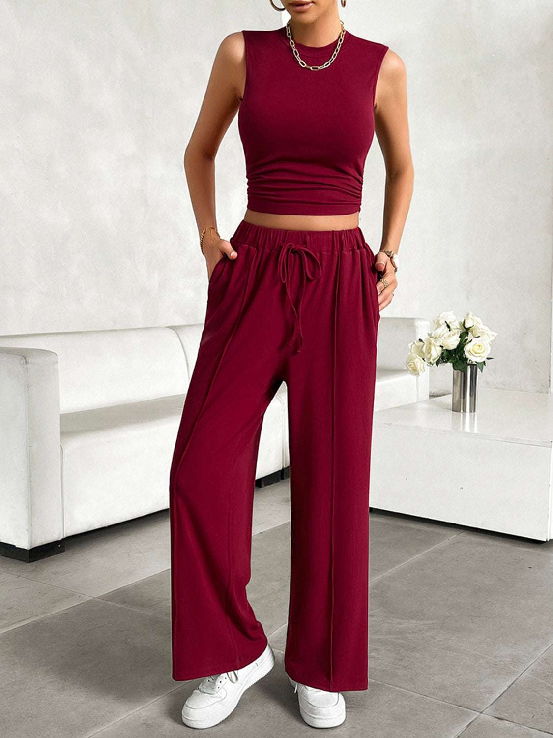 Devine Mock Neck Sleeveless Top and Drawstring Pants Set in Burgundy