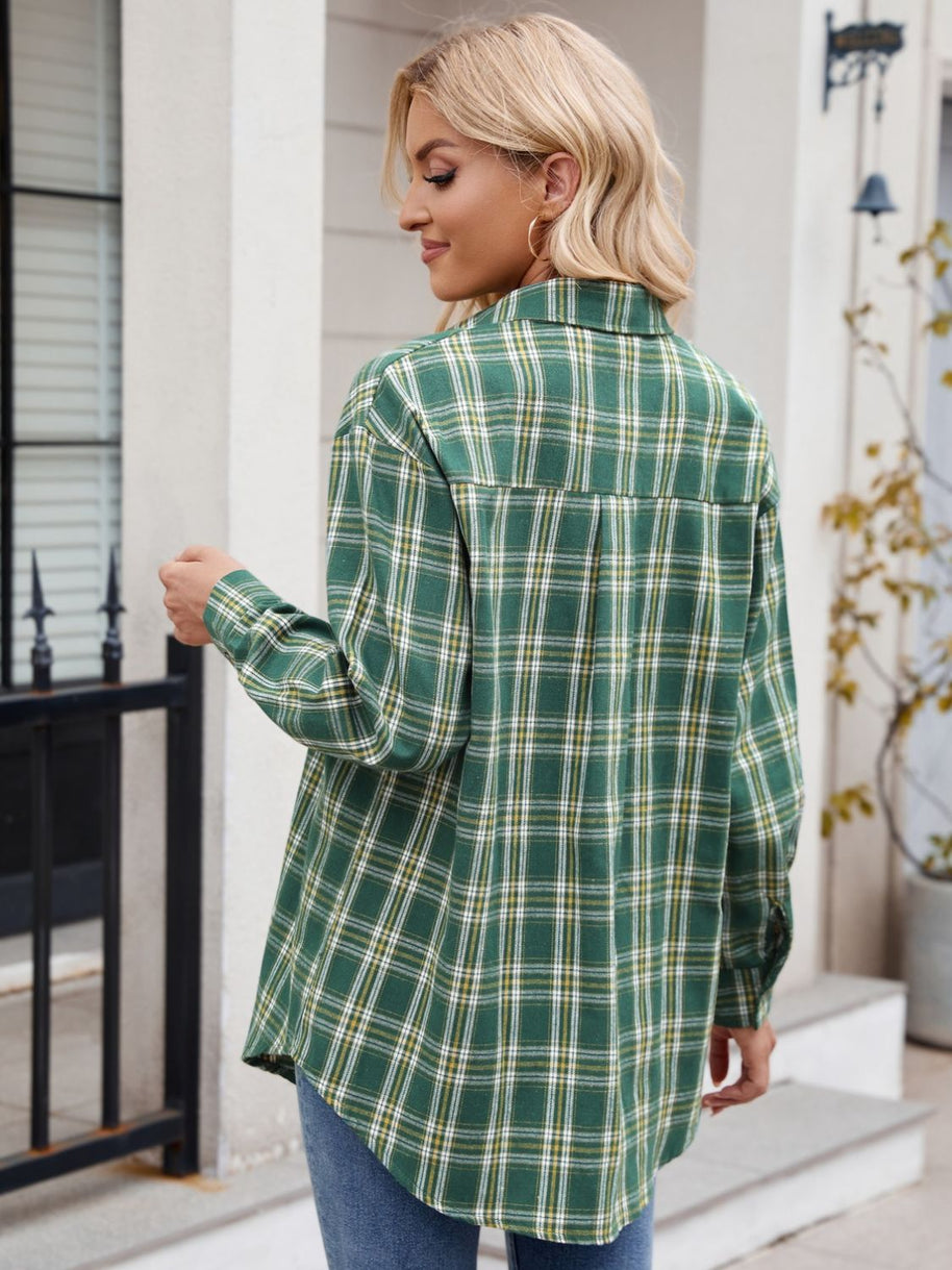 Green plaid long sleeve button-up shirt with pocket.