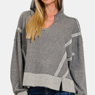 Zenana Contrast Trim Slit Hoodie